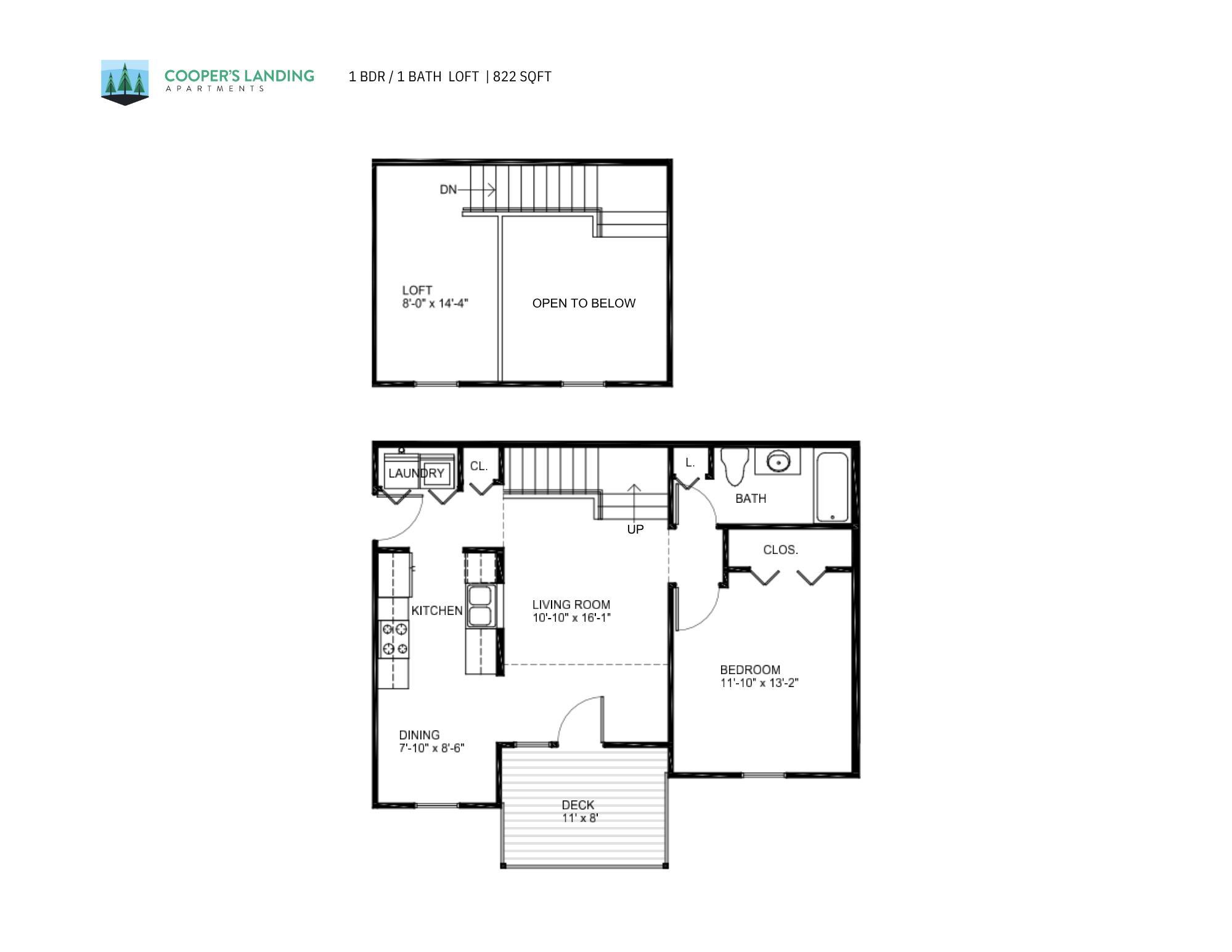 Floor plan for 1 bed, 1 bath, 822 sqft